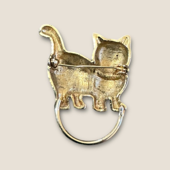 Vintage Cat Brooch Silver with Green Rhinestone Eyes - Picture 3 of 3